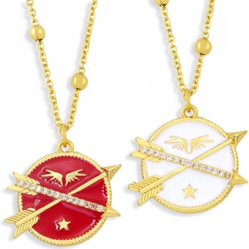 FLOLA Red White Colors Gold Chain Arrow Necklace Copper CZ Bead Enamel Coin Necklace Pendant Gift Jewelry For Women nkew47