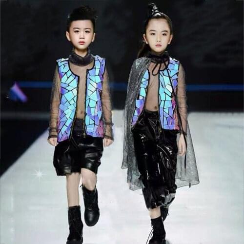 Jazz Dance Clothes Girls Sequined Rock Suits Mirror Catwalk Costumes Rave Outfit Boys Modern Dance Clothing Group Costume XS2540