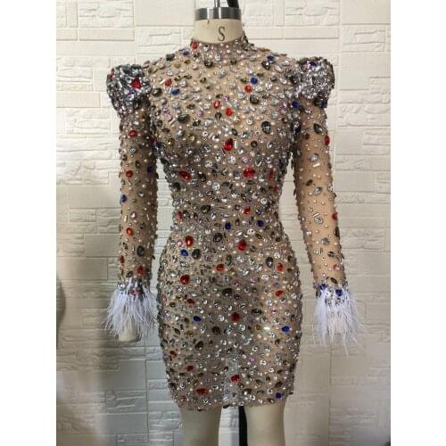 Sparkly Colorful Rhinestones Transparent Dress Prom Evening Sexy See Through Multicolor Crystals Costume Birthday Feathers Dress