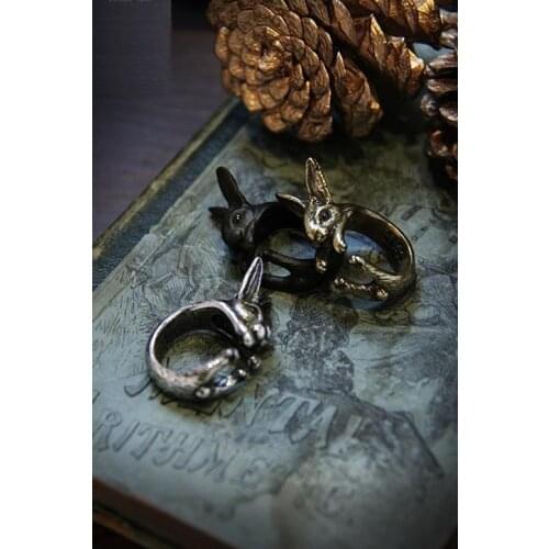 Retro Burnished Animal Bunny Ring Hare Jewelry Adjustable Free Size Wrap Ring Black Crystal gift idea-rabbit