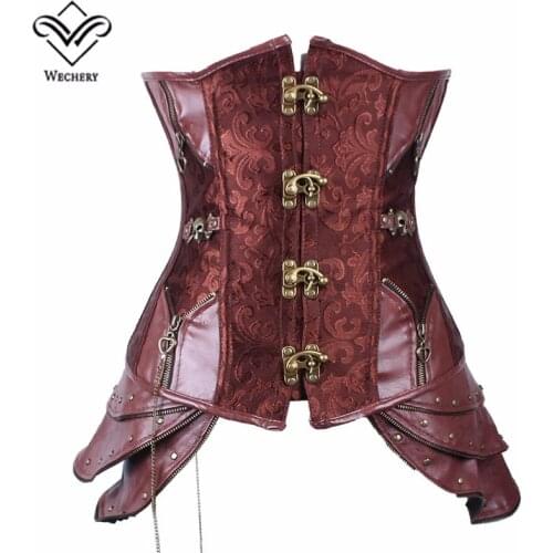 Wechery Brown Steampunk Corset Gothic Corsets and Bustiers Slimming Steel Boned Korsett Leather Corselet Underbust Corsage
