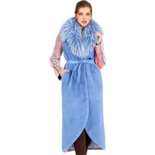 MODAQUEEN Store Women Blue Color Lamb Mink And Raccoon Fur Accessory Custom Design Coat 2008-M - Geometrical Pattern New Season