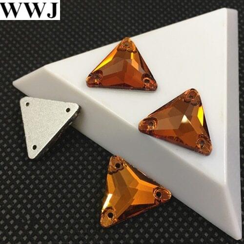 New 30Pcs 16mm Red Coffee Color Triangle Shape Glass Sew On Stone Flatback 3 Holes Sewing Rhinestones Jewelry Beads