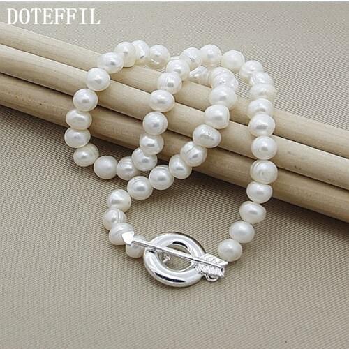 DOTEFFIL 8mm Natural Pearl Beads Necklace 925 Sterling Silver Arrow For Women Wedding Engagement Fashion Jewelry