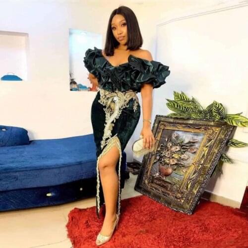 Ruffles Off The Shoulder Prom Dresses Aso Ebi Style Plus Size Evening Gowns Gold Appliques Side Split Formal Party Dress