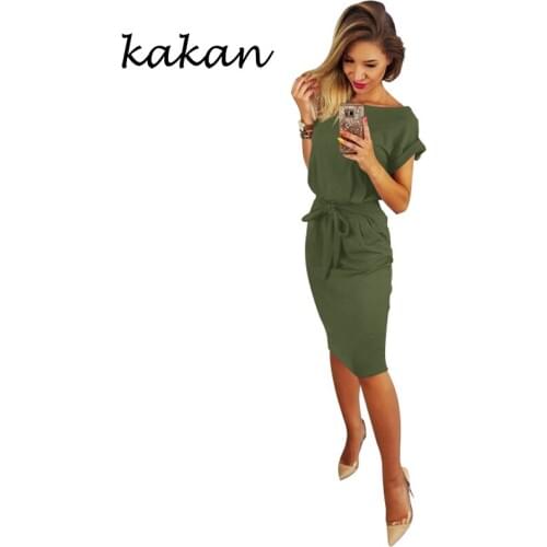 Kakan Summer New Womens Dress Cotton Comfortable Slim Joker Lady Dress Short Sleeve Bow Dress