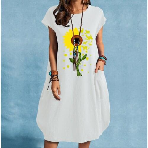 Short Sleeve Print Linen Dress Women Casual O-neck Loose Pocket Dresses For Women 2021 Knee Length Straight Woman Dress 40