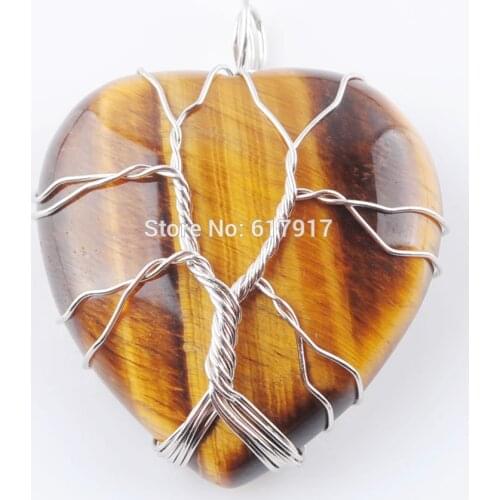 RONGZUAN Silver Color Tree of Life Wire Wrap Water Natural Tigers Eye Gem Stone Heart Bead Pendant Necklace Chain TN3555