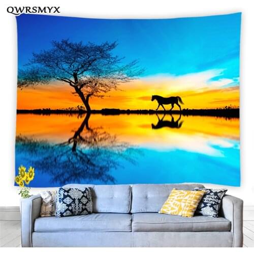 Prints Of Trees And Horses Under The Blue Sky At Sunset Tapestry Wall Aesthetic Landscape Art Wall Hanging Bedroom Decor Wall