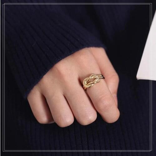 S925 pure silver plated 14K simple gold Tie a knot ring, simple temperament, versatile lady rings free shipping love ins