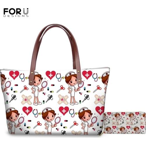 FORUDESIGNS Cartoon Nurse Pattern Messenger Bags Fashion Women Travel Handbags Teen Girls Leisure Shoulder Bag 2pcs PU Wallets