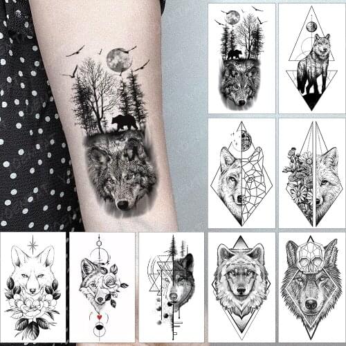 Black Forest Tattoo Sticker For Men Women Children Tiger Wolf Death Skull Temporary Tattoo Fake Henna Skull King Animal Tatoo
