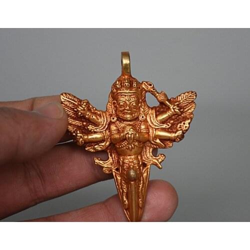 Tibet Buddhism FaQi Bronze Gilt Gold 6 Arms Mahakala Buddha Dorje Phurba Pendant