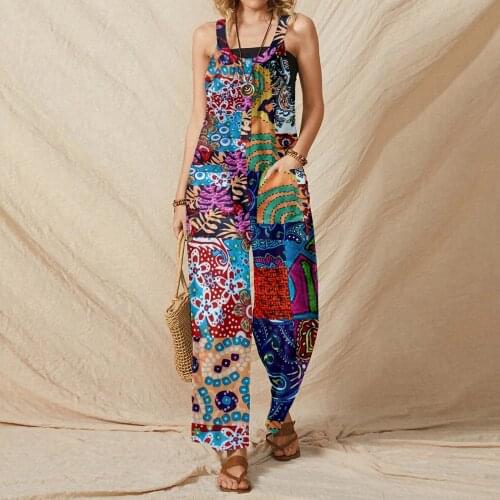 Boho Vintage Jumpsuits Women Patchwork Printed Bib Trousers Casual Loose Wide Leg Rompers With Pockets