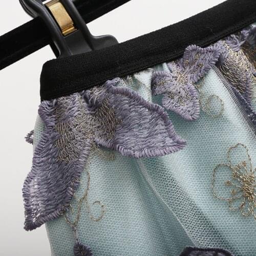 Fashion Women Runway 2021 High Quality 3D Appliques Butterfly Embroidery Mesh Blue Midi Waist Elastic Skirt