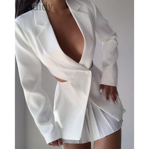 Women Solid Color Deep V Long Sleeve Cut Out Design Blazer Coat