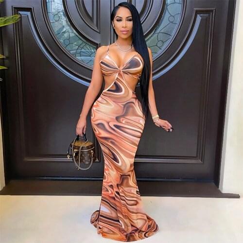 2021 New Arrival Fashion Design Dress Print Hollow Out Spaghetti Strap Summer Sexy Celebrity Party Maxi Dress Vestidos