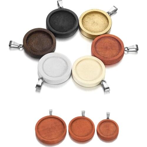 10pcs/lot 20-30mm Stainless Steel Hook Wood Cabochon Base Trays Bezel Blank Pendants Charms for Necklace DIY Jewelry Making