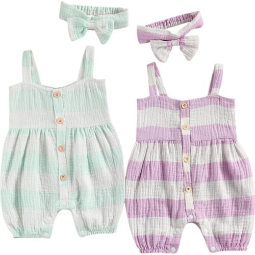 2021 Baby Girls Clothes Set Sleeveless Striped Jumpsuit with Buttons + Bow-knot Headband for Summer