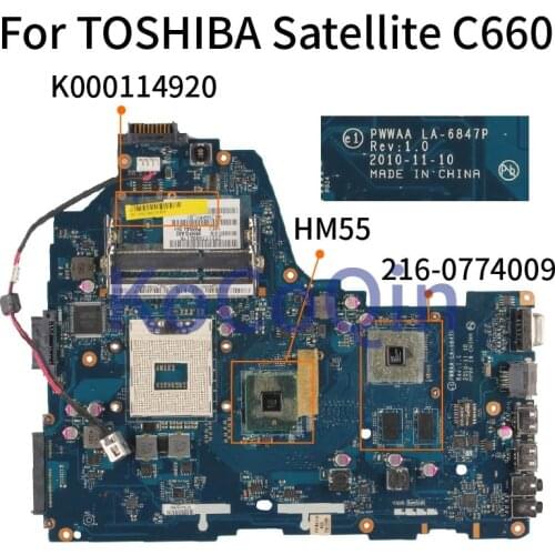 KoCoQin Laptop motherboard For TOSHIBA Satellite C660 Mainboard K000114920 HM55 216-0774009 DDR3