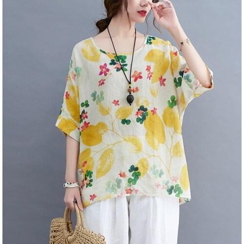 Pure Cotton Batwing Sleeve Oversized tshirt 2021 New Arrival Thin Soft Loose Summer T Shirts Tops Floral Women Casual T-shirts