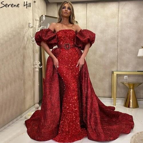 Wine Red Mermaid Sparkly Sexy Evening Dresses 2021 Short Puff Sleeves Diamond Formal Dress Serene Hill LA70630
