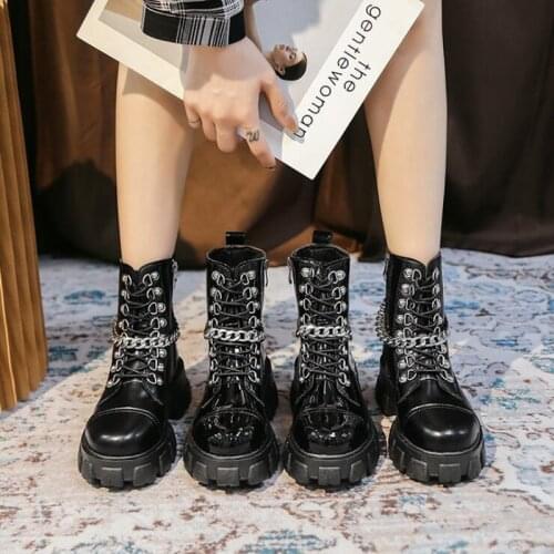 Fashon Autumn Winter Women Mid-Calf Boots Gothic Punk Rivet Chain Motorcycle Boots High Heels Flat Platform Bootie