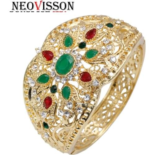 Neovisson Gold Colorf Crystal Morocco Cuff Bracelet Bangle for Women Arabic Ethnic Wedding Jewelry Bridal Gifts Wholesale