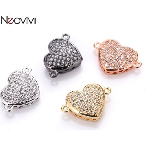 Neovivi Heart Charms Pave White Zircon Black/Gold/Rose gold Colors Spacer Beads for Jewelry Making Bracelets Connectors