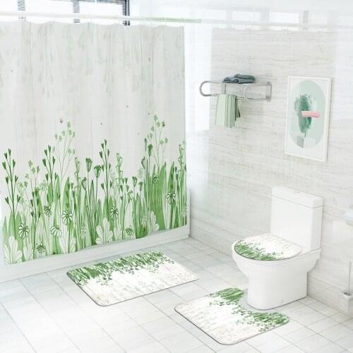Nordic Style Green Grass Pattern Non-slip Bath Mat Shower Curtain Set for Bathroom Home Decoration Bath Carpet Toliet Floor Rug