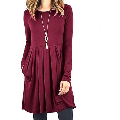 New Spring Autumn A-Line O-Neck Solid Casual Dress Pockets Swing T- Shirt Women Dresses Femme Robe Pleated Dresses AM101