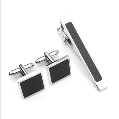 WholeSale 10sets Carbon Fiber Cufflinks+Tie Clip sets Brass Copper High Quality Tieclips Cuff Links Father Day Gifts