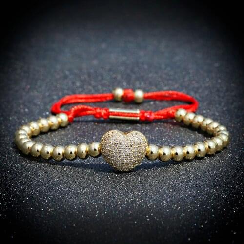 Luxury Gold Micro CZ Heart Charms Bracelets Men Classic Copper Beads Red Weave Bracelet Women Jewelry Bileklik