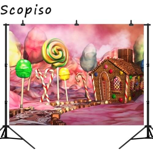 Scopiso 3D Cartoon Lollipop Candy House Seamless for Party Vinyl Photography Backdrop Photo Background Studio Prop