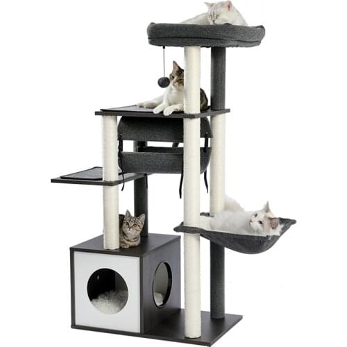 Modern Wood Cat Tree Multi-Level Cat Trees and Towers for Large Cats Kitten Condo House Kitty Play Activity Center