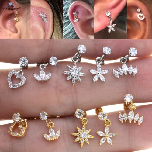 Starbeauty 1pc 0.8x6mm 20G Cute Crystal Earrings Stud Dangle Gem Heart Ear Piercing Oreja Helix Daith Cartilage Tragus Piercing