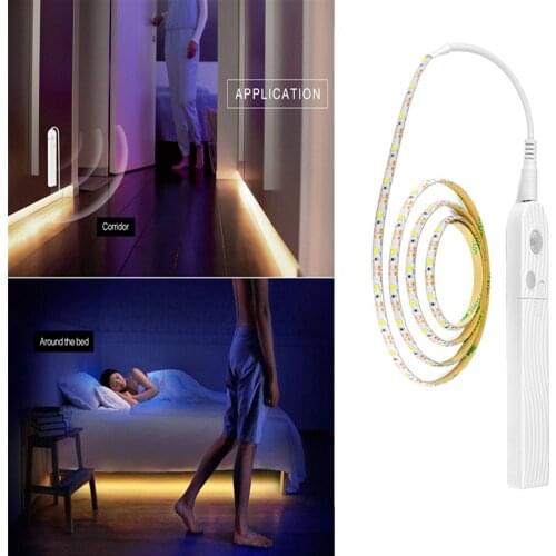 Smart Turn ON/OFF PIR Motion Sensor LED Strip 5V Battery Power Wardrobe TV Backlight Lamp 2835 Timing Bed Light Tape Rope
