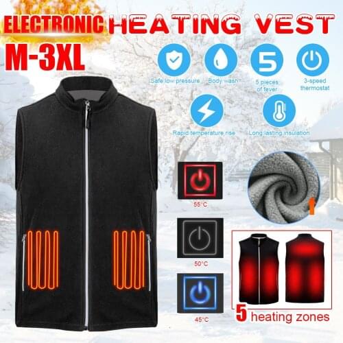 Warm Fleece Slim Fit Heated Vest Jacket 5 Heating Zones USB Winter Electrical Heated Sleevless Jacket Travel Outdoor Waistcoat