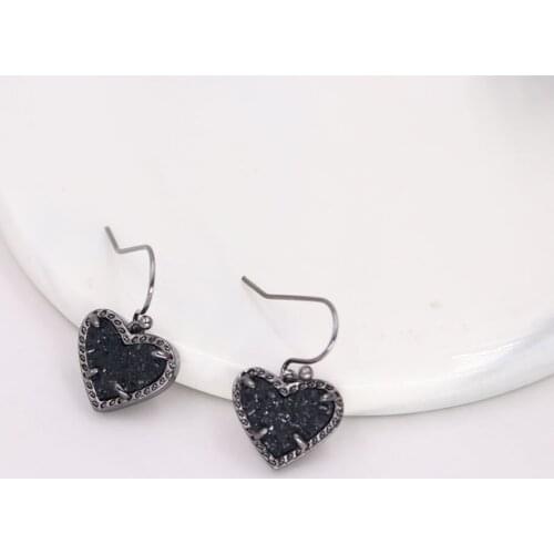 High Quality Small Dainy Black Tone Black Druzy Heart Dangle Earrings for Women