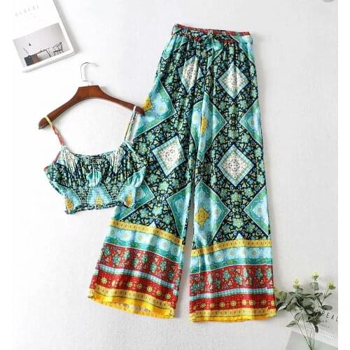 Womens suit summer new style holiday style positioning printed mini sling elastic high waist casual pants suit 2piece set women