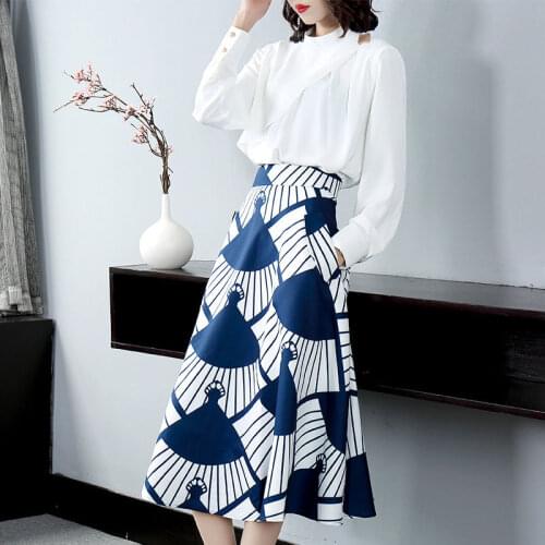 Runway Women Vintage Retro Print Long Casual Skirt Suit Set Party Clothing Set Spring Long Sleeve Blouses And Skirt Suits NS678