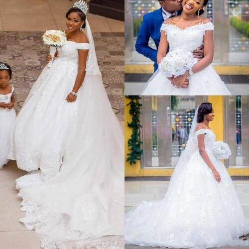 Plus Size 2021 African Black Girls Lace Wedding Dresses Off Shoulder Lace Applique Wedding Dresses Bridal Gowns Wedding Dresses