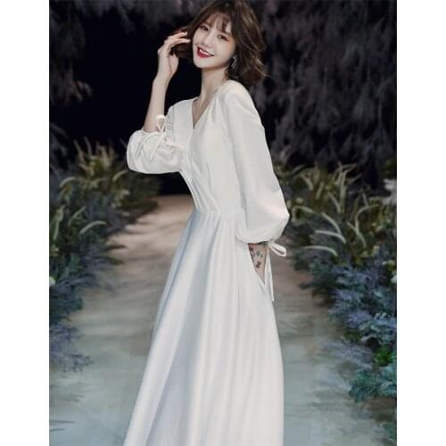 Backless Ankle Length A-Line Wedding Dresses for Women Long Sleeve V-Neck Elegant Brides Dress White Simple Bridal Gown