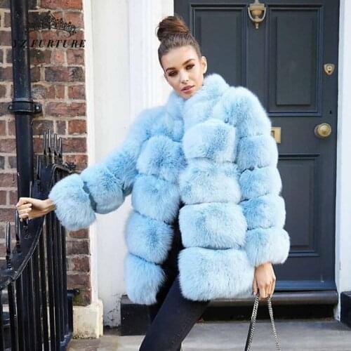 Natural Real Fox Fur Coat 75cm For Woman Luxury Winter Blue Long Sleeve Stand Collar Girl Fashion Thick Fox Fur Coat FC-270