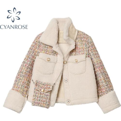 Winter Warm Lamb Wool Coat Women Fleece Shaggy Thicke Fashion Casual Patchwork Ladies Pocket Short Teddy Jacket Outwear Tops