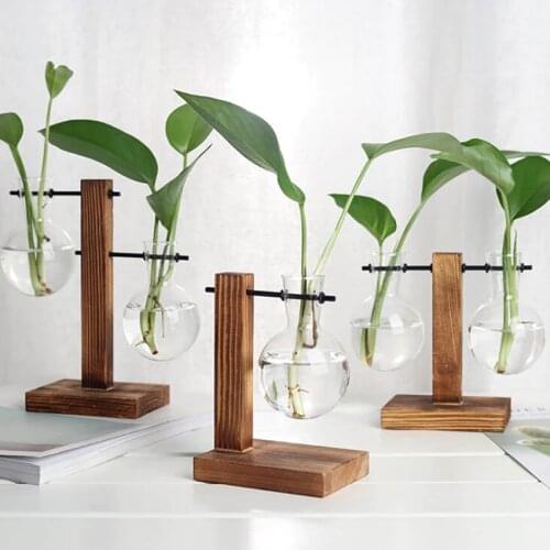 1Pc Glass Vase Desktop Hydroponic Vases With Wooden Tray, Home Decoration Plants Bonsai Flower Pots Transparent Tabletop Vase