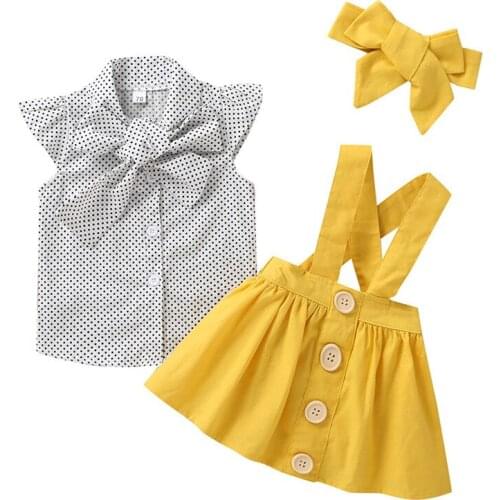 2021 Brand New Summer Fashion Lovely Toddler Baby Girls Clothes Sets 3PCS Bow Dot Print Shirts Overalls Skirt+Headband Outfit30