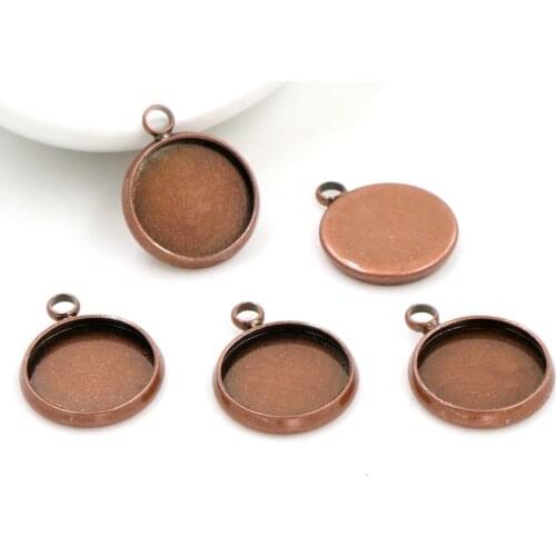 20pcs 12mm Inner Size Red Copper Plated Brass Material Simple Style Cabochon Base Cameo Setting Charms Pendant Tray (A1-35)