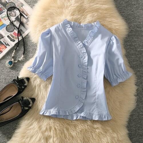 French Style Temperament Puff Sleeve Short Blouses Elegant Fungus Decoration Women Summer Buttons Shirts Ropa De Mujer MM0992