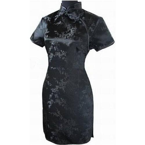 Black Chinese Women Traditional Dress Short Mini Qipao Cheongsam Top Flower Plus Size S M L XL XXL XXXL 4XL 5XL 6XL MH-01